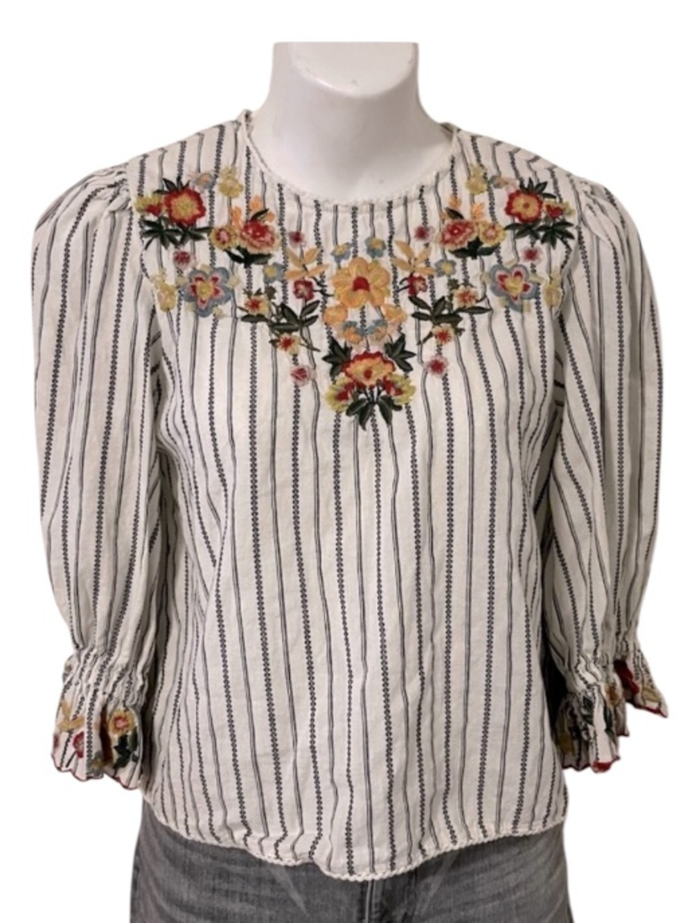 Zara Trafaluc Collection Woman’s Striped Embroidered Peasant Style Top Sz XS